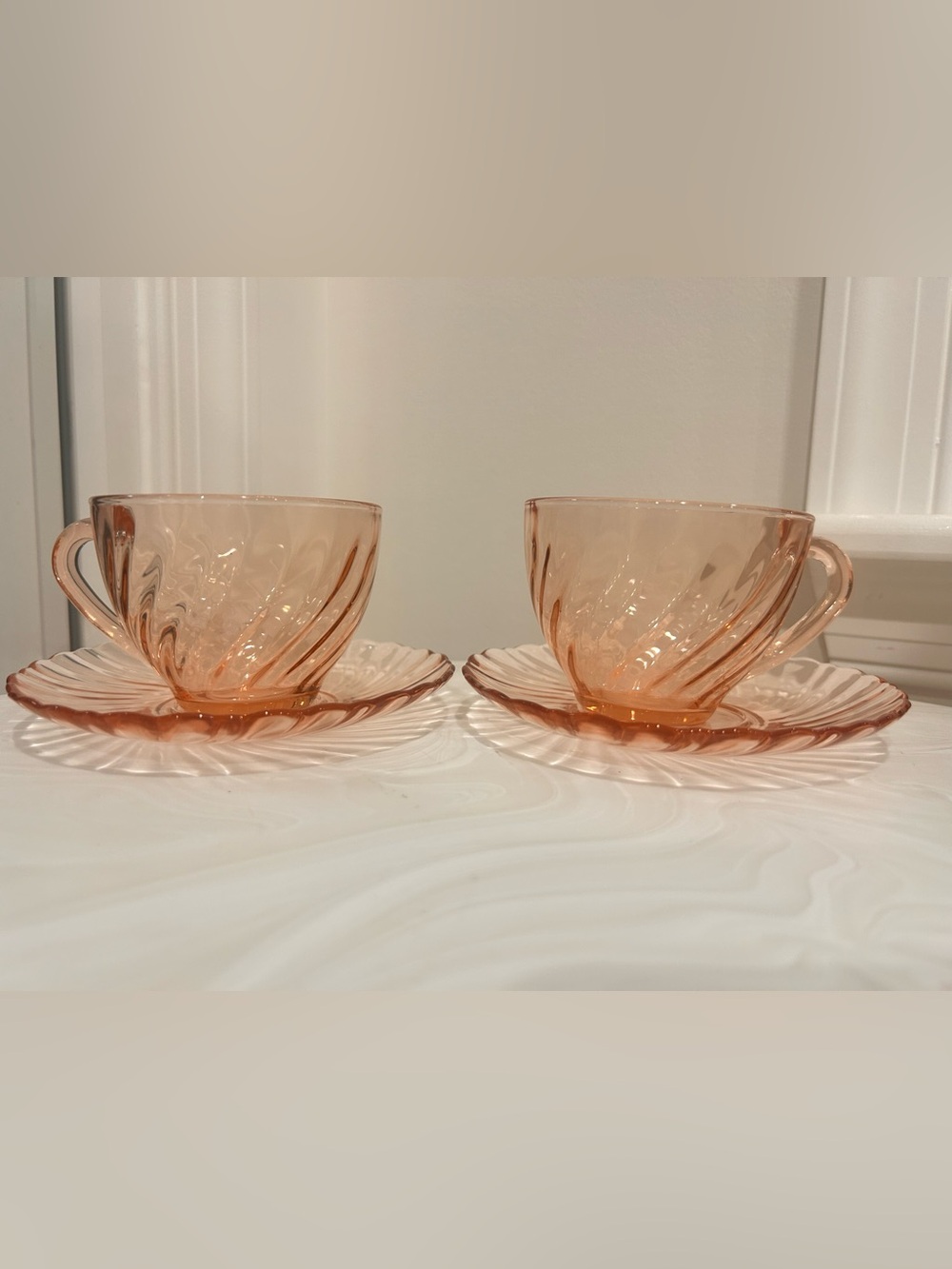 Vintage Arcoroc France Pink Swirl Coffee Cup & Saucer Set Of 2